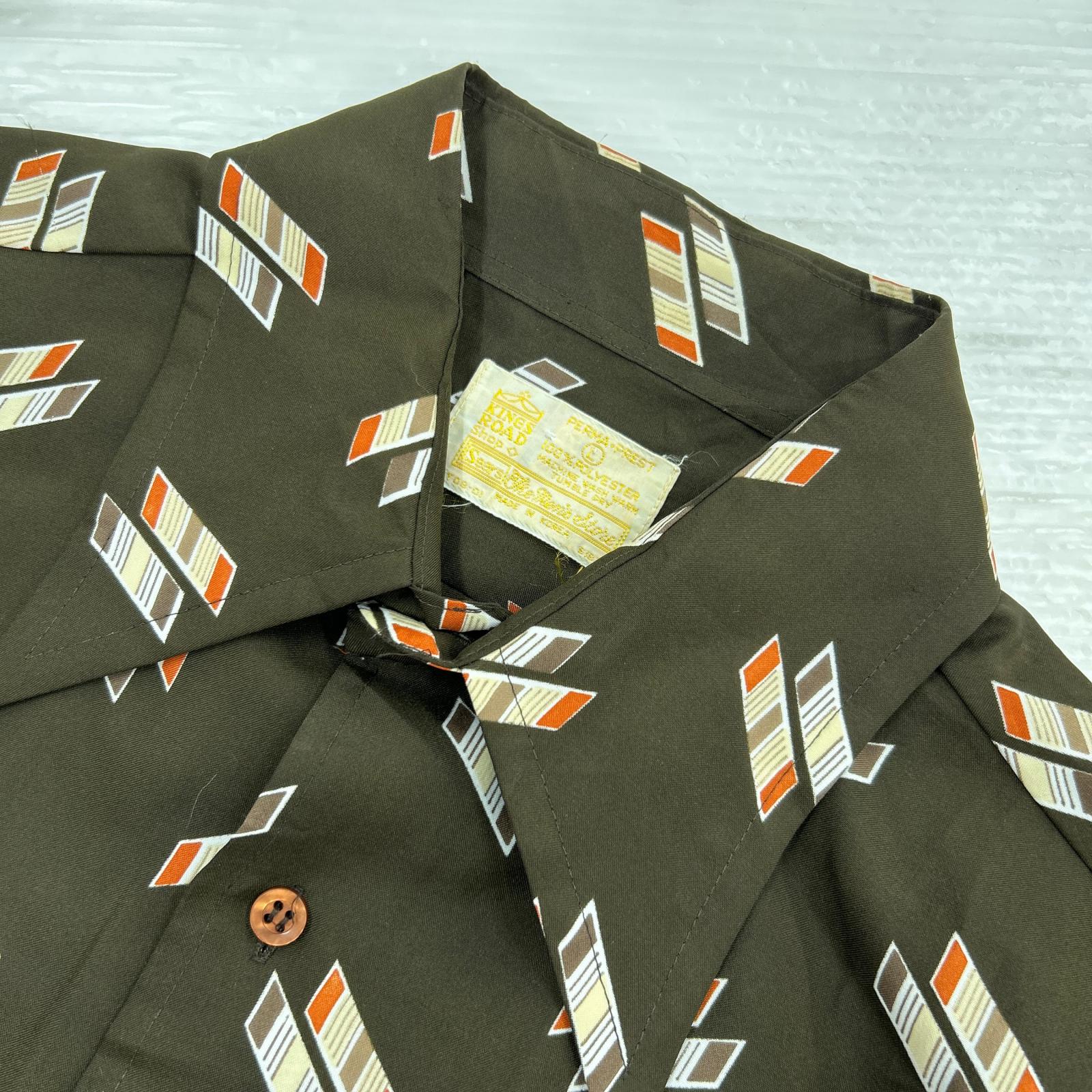 長袖シャツ 70s sears kings road 総柄L/Sｼｬﾂ ﾌﾞﾗｳﾝ L ブラウン