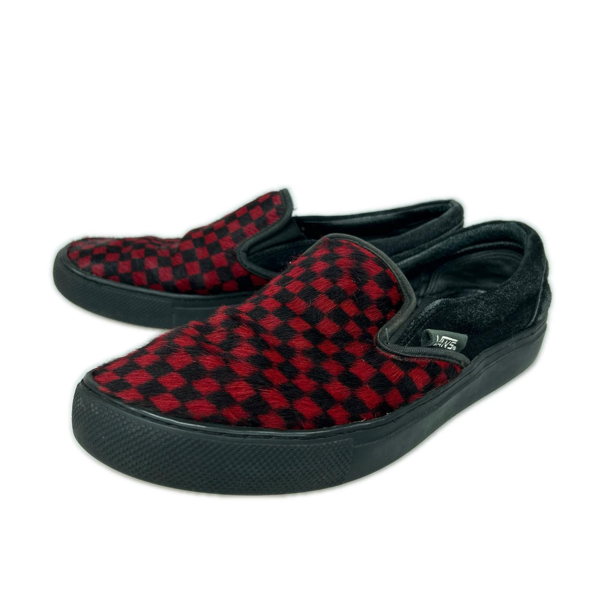 スニーカー Slip-On ハラコ チェック柄 ブラック/レッド 28cm (US10 UK9 1/2 EU46) レッド