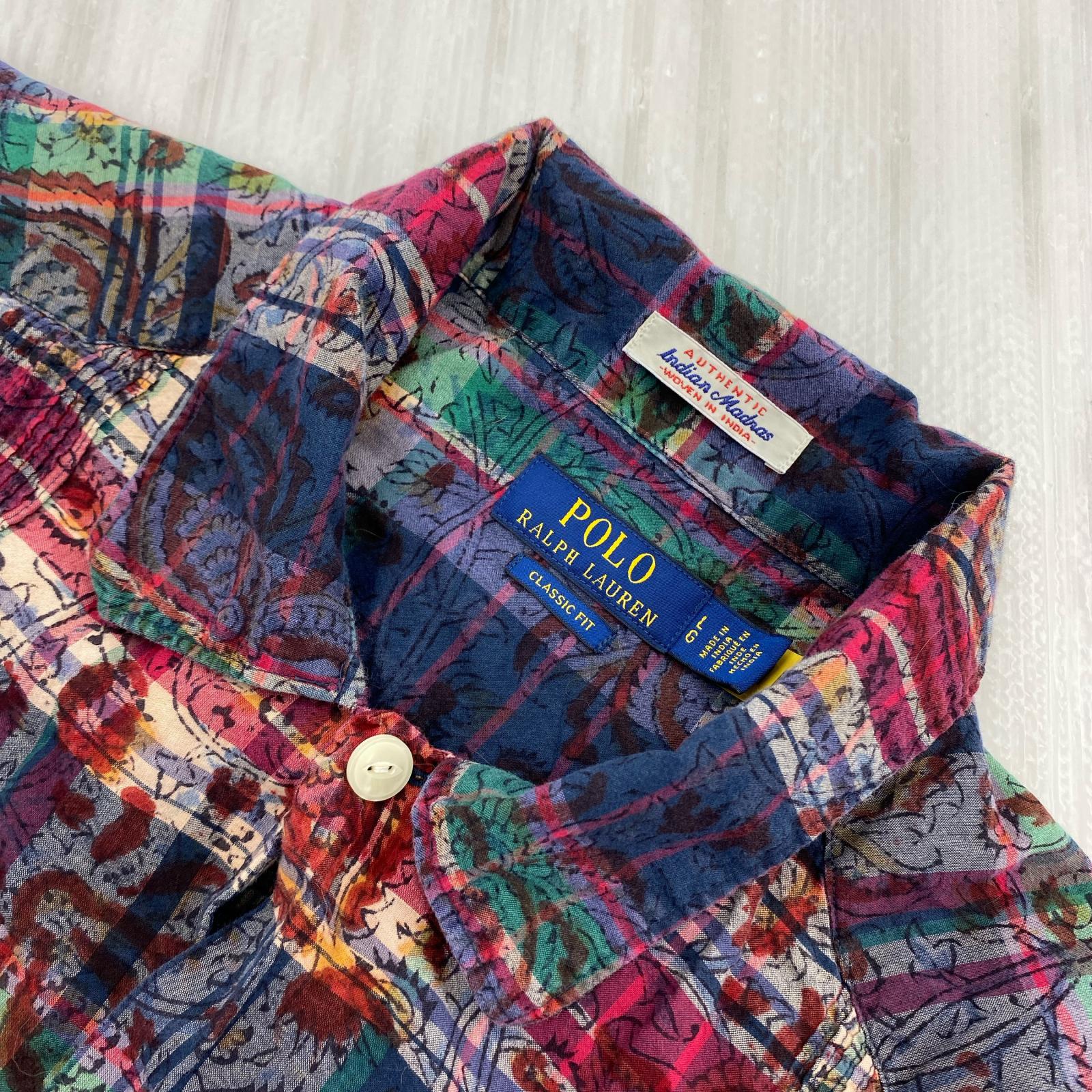 半袖シャツ Indian Madras 花柄ﾏﾄﾞﾗｽﾁｪｯｸｼｬﾂ L