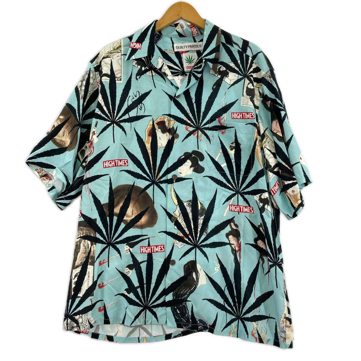 半袖シャツ ×HIGH TIMES 総柄 アロハシャツ 青 L L ブルー