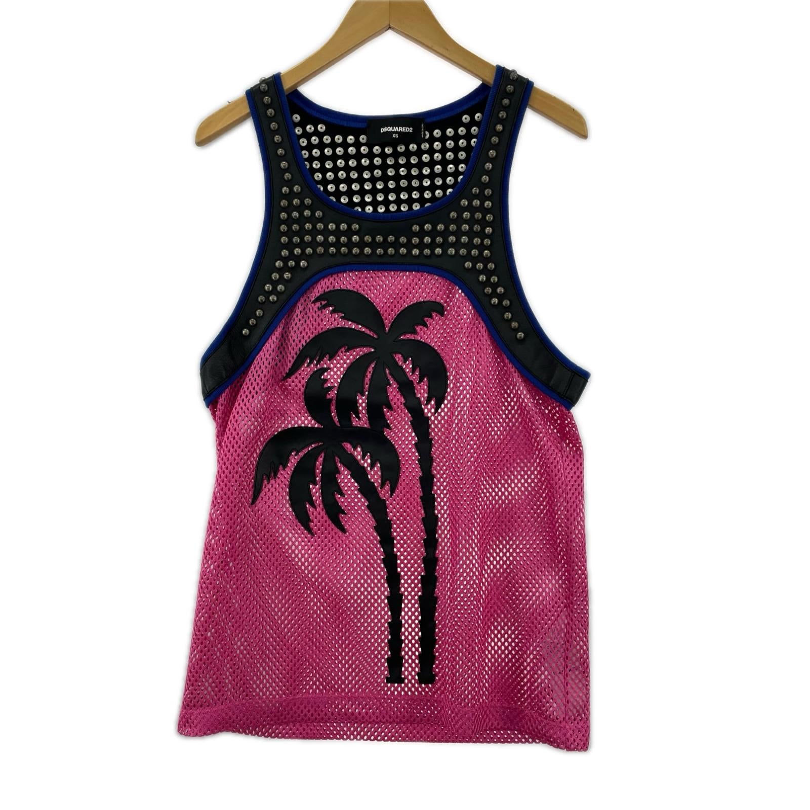 タンクトップ DSQUARED2 スタッズメッシュタンクトップ XS ブラック×ピンク