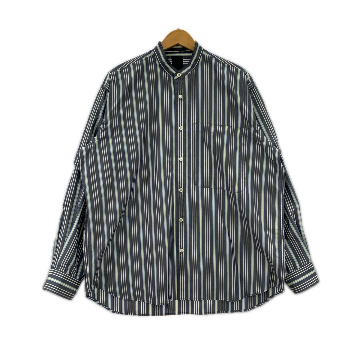 長袖シャツ TECH BAND COLLAR SHIRTS L/S STRIPE 紺 S ネイビー