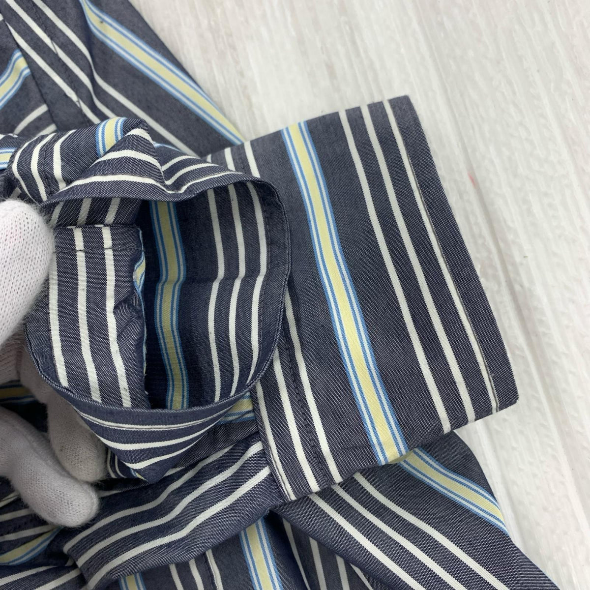 長袖シャツ TECH BAND COLLAR SHIRTS L/S STRIPE 紺 S ネイビー