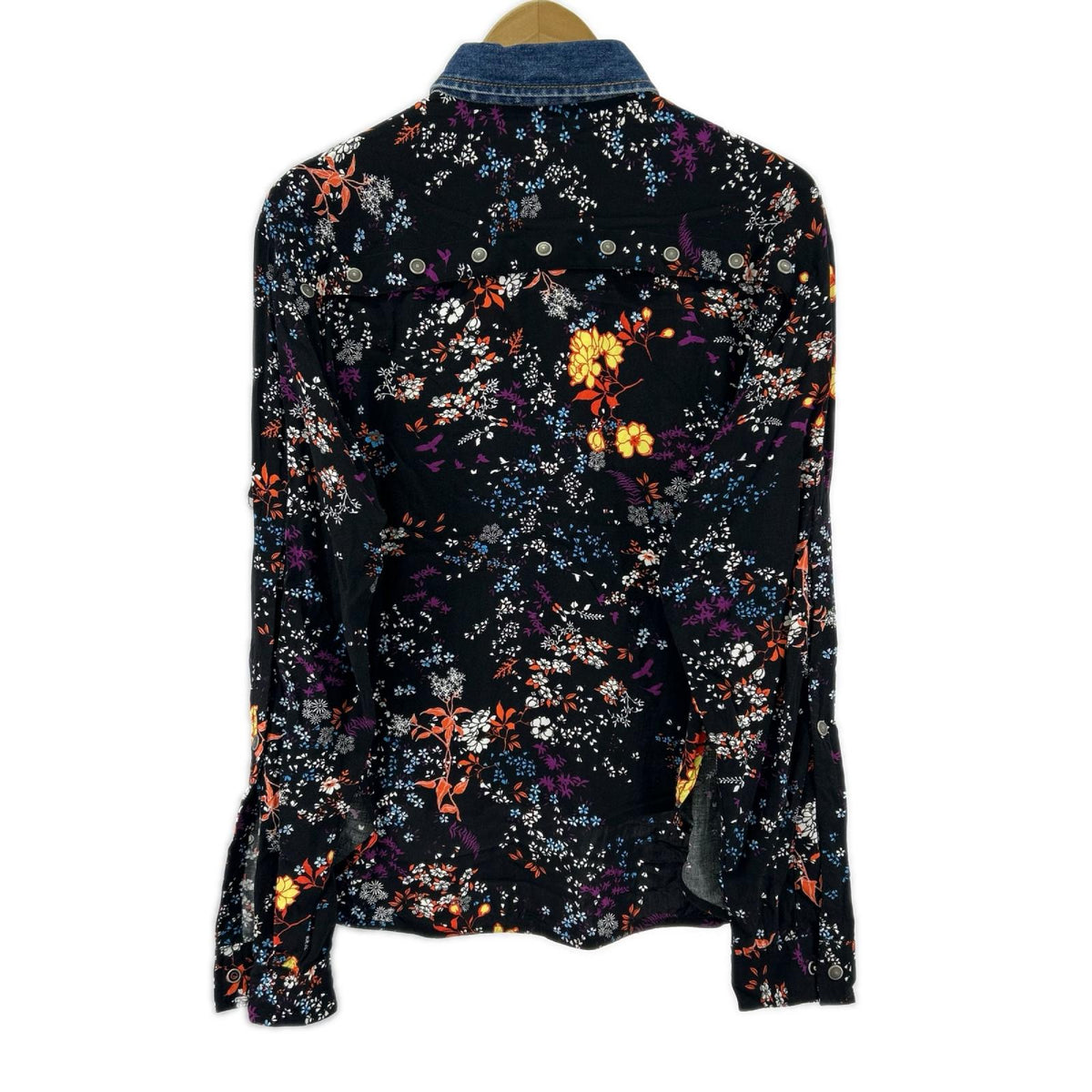 長袖シャツ 襟切替 花柄ｼｬﾂ S ブラック