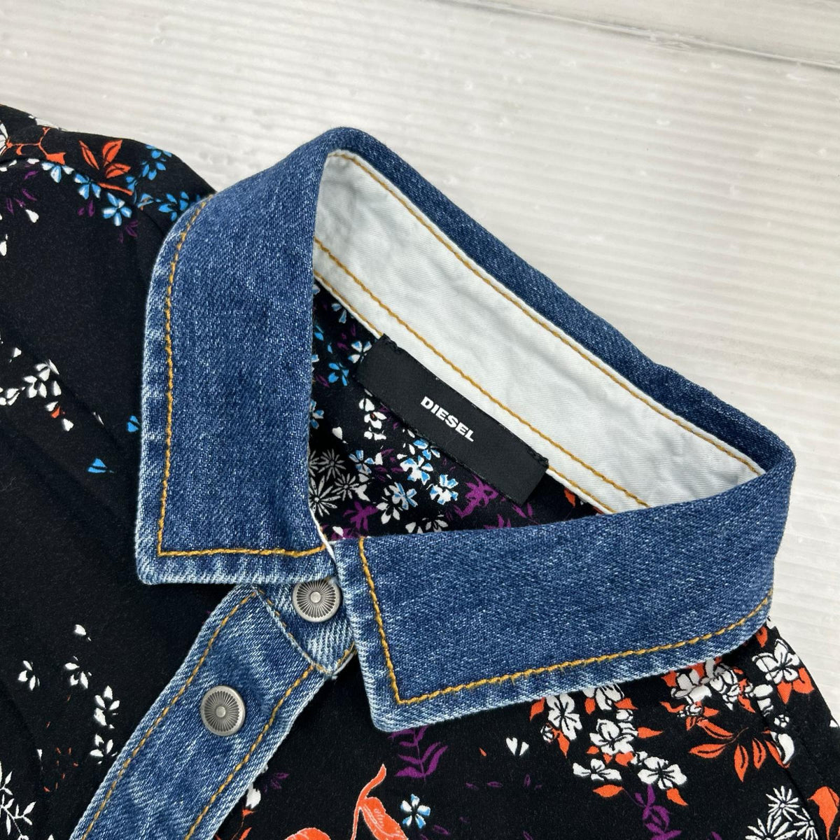 長袖シャツ 襟切替 花柄ｼｬﾂ S ブラック