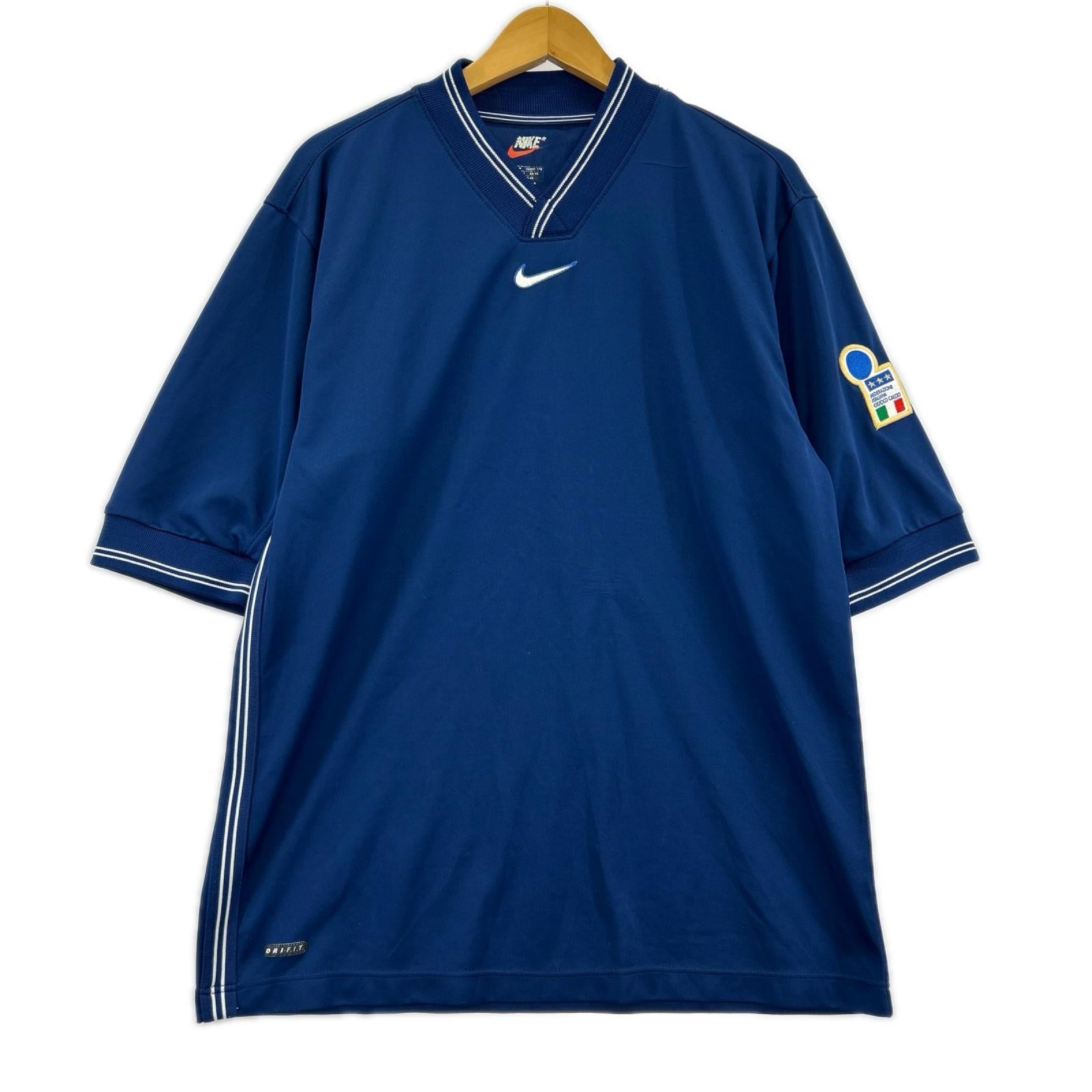 半袖Ｔシャツ 90s UK製 W杯 ｲﾀﾘｱ代表ﾌﾟﾗｸﾃｨｽTee 紺 M ブルー