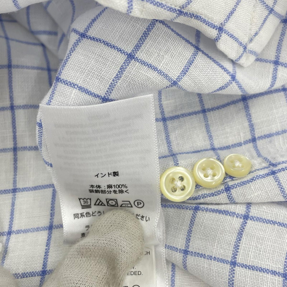 長袖シャツ ﾘﾈﾝ ﾁｪｯｸｼｬﾂ 白 M ホワイト