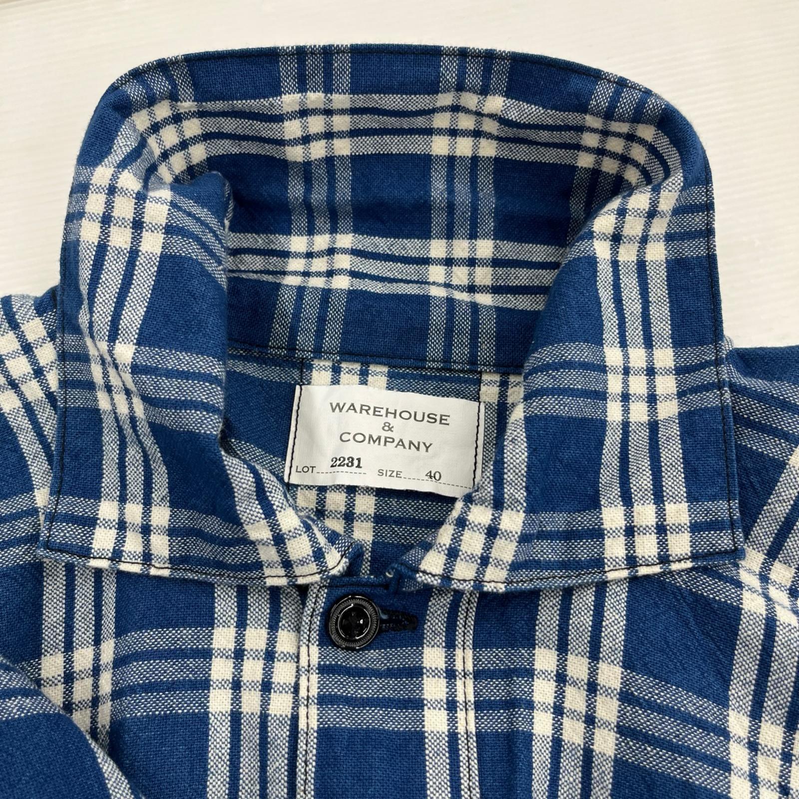 長袖シャツ 1900'S INDIGO BLUE and WHITE ﾁｪｯｸﾌﾞﾗｳｽ 40 ブルー