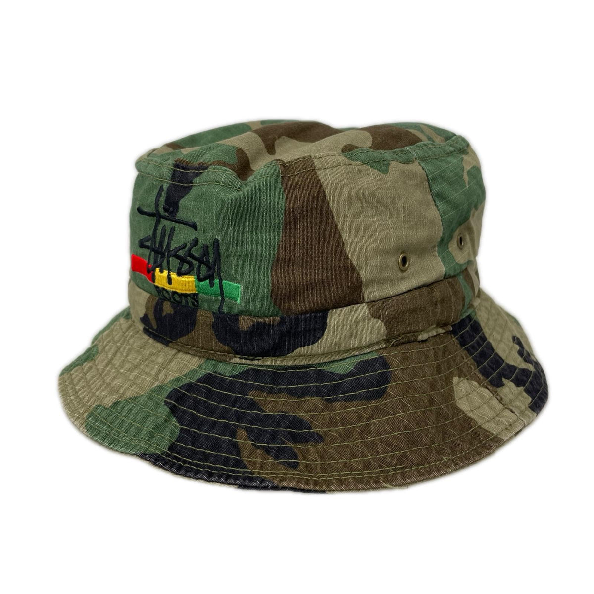 ハット 90s 白タグ期 USA製 STUSSY ROOTS バケットハット 迷彩/カモ マルチカラー
