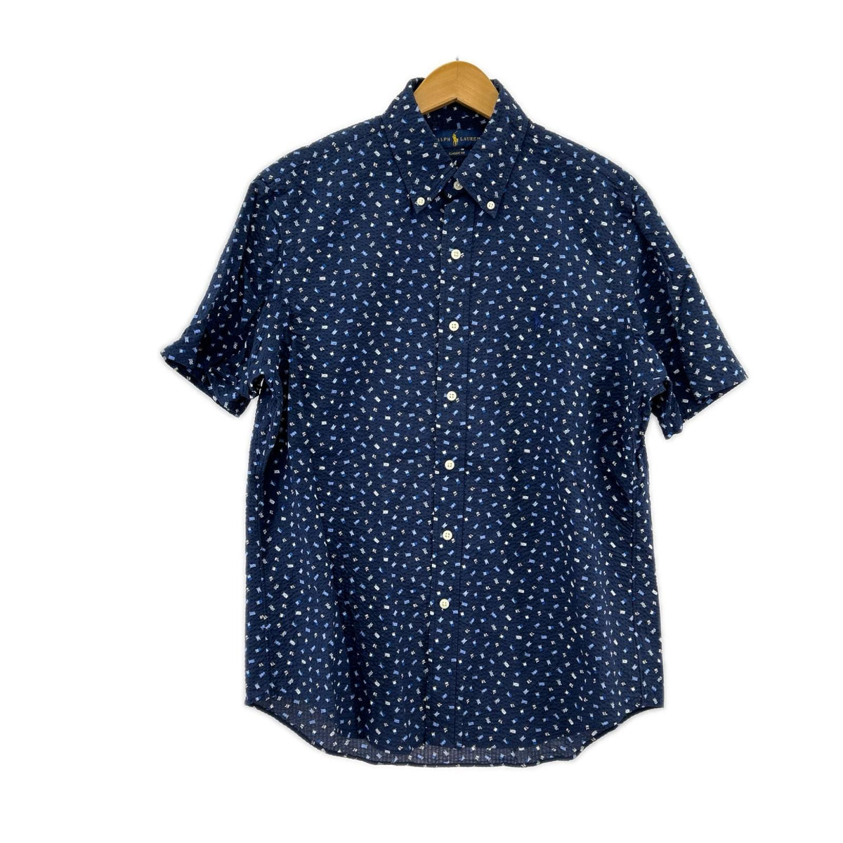 半袖シャツ ｼｱｻｯｶｰ ﾌﾗｯｸﾞ総柄 BLU M M ブルー