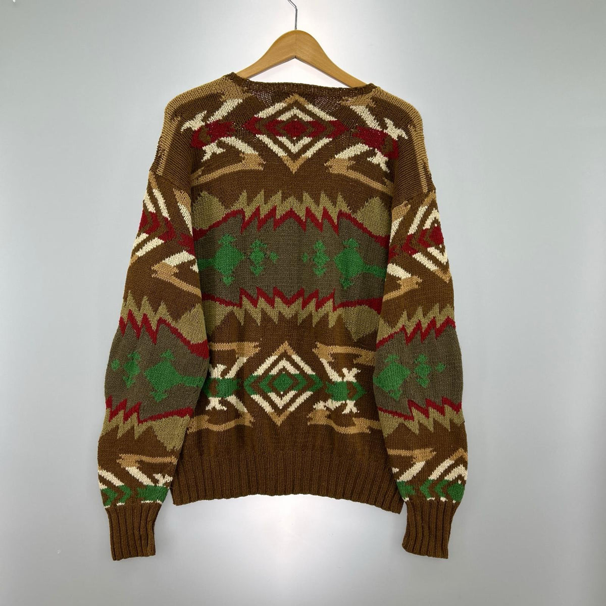 ニット 90s HAND KNIT 星条旗/ﾈｲﾃｨﾌﾞ柄 ｺｯﾄﾝ/ﾘﾈﾝ/ｼﾙｸ M M ブラウン