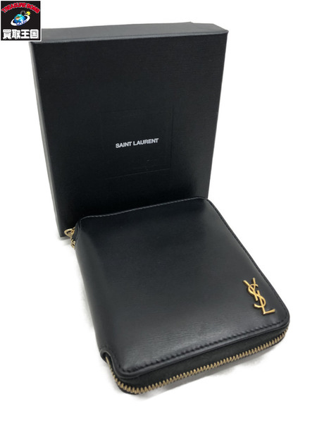 コンパクトウォレット ラウンドファスナー/二つ折り財布/レザー/ブラック