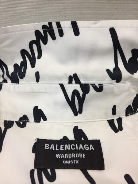 BALENCIAGA/22SS/スラッシュホワイトロゴ/オールオーバープリントシャツ/38/白/662983