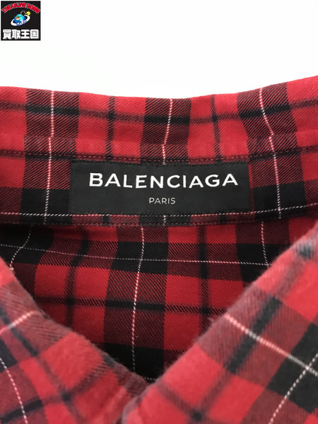 Balenciaga バックロゴ チェックシャツ レッドブラック 39