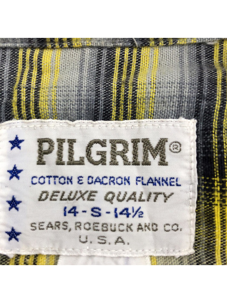 50s-60s Pilgrim L/S 開襟 オープンカラーシャツ(S) チェック柄 イエロー系