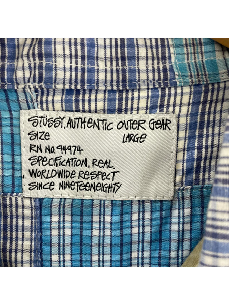 STUSSY AUTHENTIC GEAR パッチワークシャツ チェック×カモフラ L[値下]