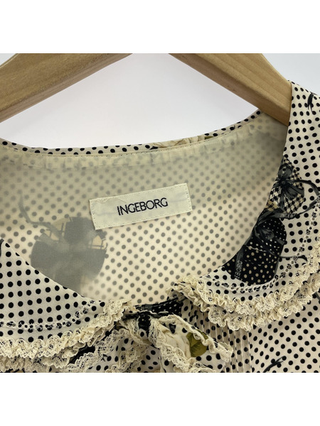 INGEBORG 長袖ワンピース パール釦 ドット