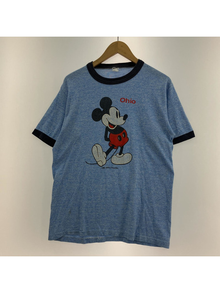 80s Disney ディズニー ミッキーマウス リンガーTシャツ (L程度) 杢ブルー 霜降リ
