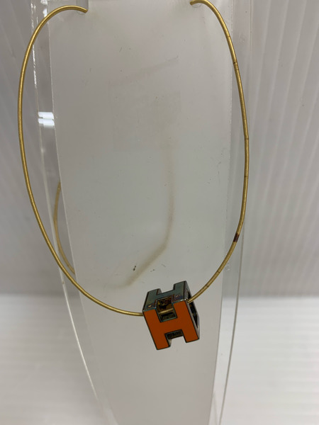 エルメス　HERMES　カージュアッシュ　Ｈキューブ　ネックレス　ペンダント　チョーカー　オレンジ シルバー