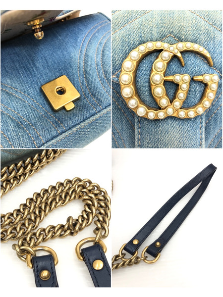 GUCCI GGマーモント パール  デニム　レザーチェーンショルダーバッグ ※状態考慮