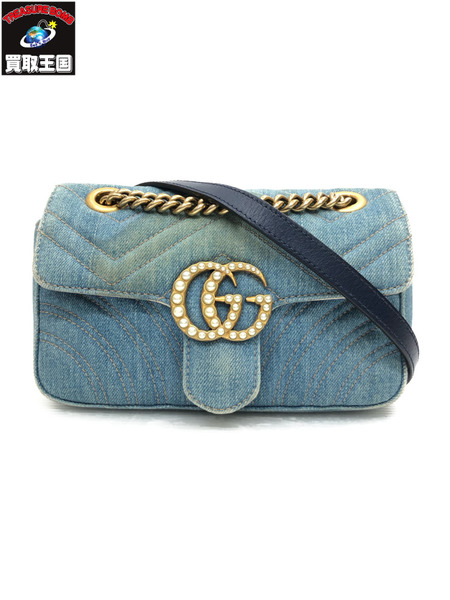 GUCCI GGマーモント パール  デニム　レザーチェーンショルダーバッグ ※状態考慮
