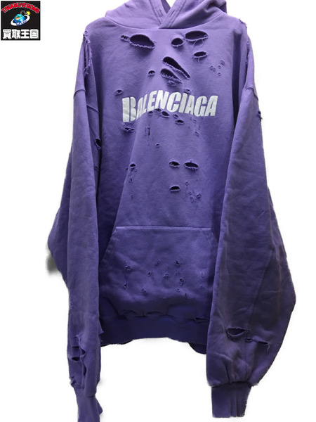 BALENCIAGA 21SS CAPSDESTROYED HOODIE プリントパーカー S パープル