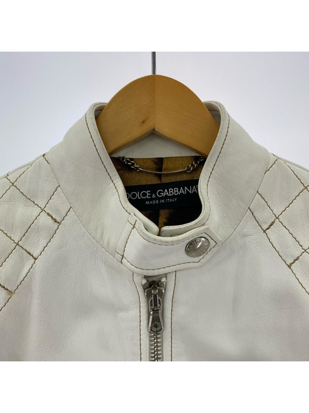 DOLCE&GABBANA キルティングシングルライダースジャケット 38 白
