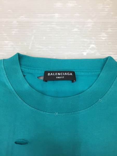 BALENCIAGA 21SS DESTROYED BOXY FIT プリントTee S ターコイズ