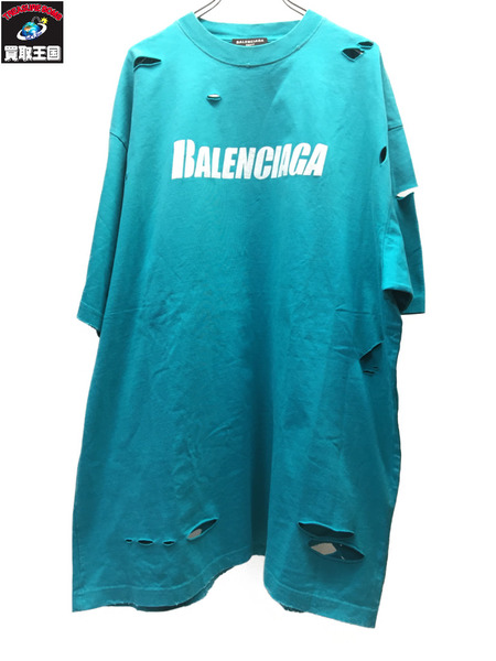 BALENCIAGA 21SS DESTROYED BOXY FIT プリントTee S ターコイズ