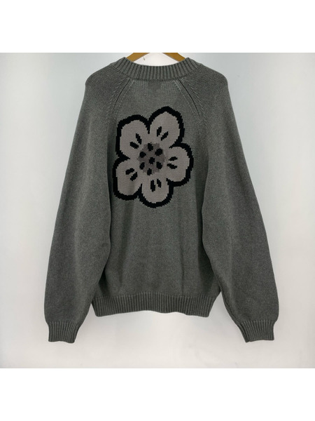 KENZO バックフラワージャガード ニットカーディガン M グレー