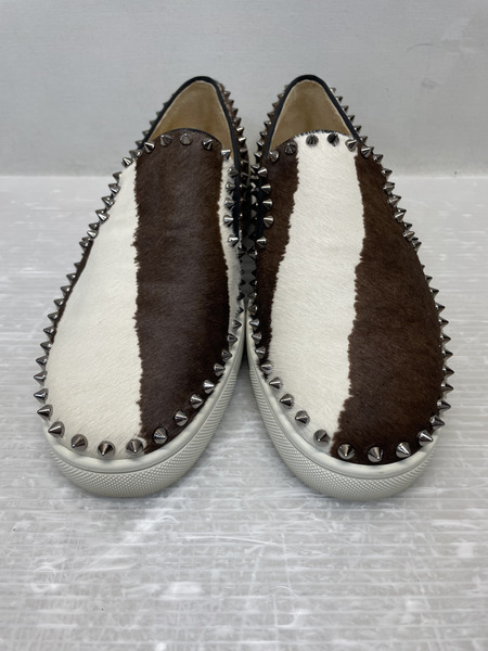 C.Louboutin PINK BOAT FLAT PONY スタッズハラコスリッポン 40