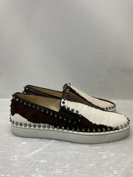 C.Louboutin PINK BOAT FLAT PONY スタッズハラコスリッポン 40