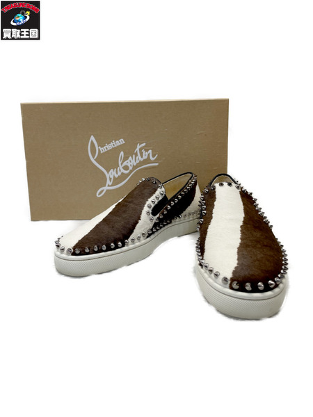 C.Louboutin PINK BOAT FLAT PONY スタッズハラコスリッポン 40
