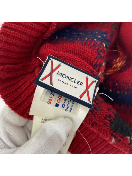 MONCLER ニットキャップ チェック 柄 ニット 赤系
