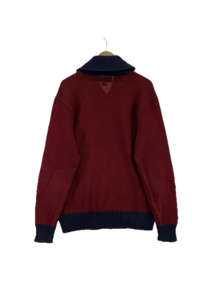 90s POLO SPORT ショールカラー コットンニット(L) エンジ×ネイビー