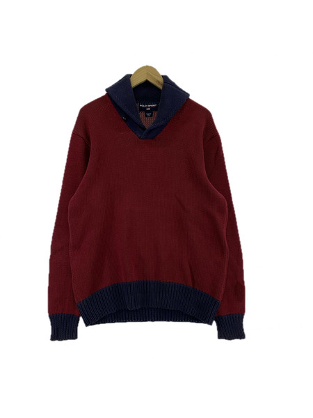 90s POLO SPORT ショールカラー コットンニット(L) エンジ×ネイビー