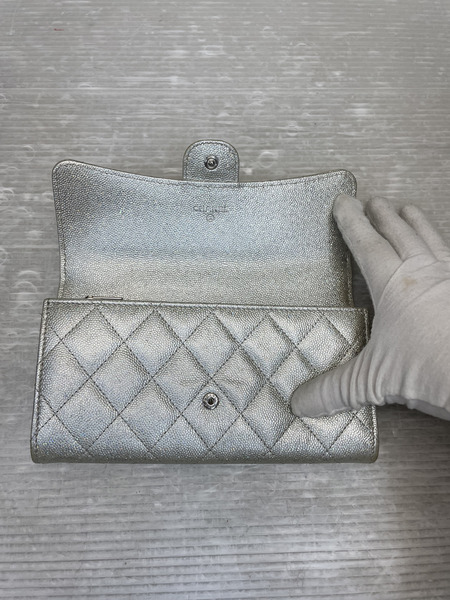 CHANEL マトラッセ グリッター キャビアスキン ロングウォレット シルバー 31709079