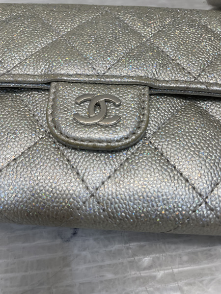 CHANEL マトラッセ グリッター キャビアスキン ロングウォレット シルバー 31709079