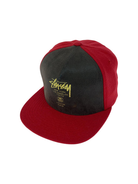 STUSSY レザー 切替 ウール ロゴキャップ 赤 茶