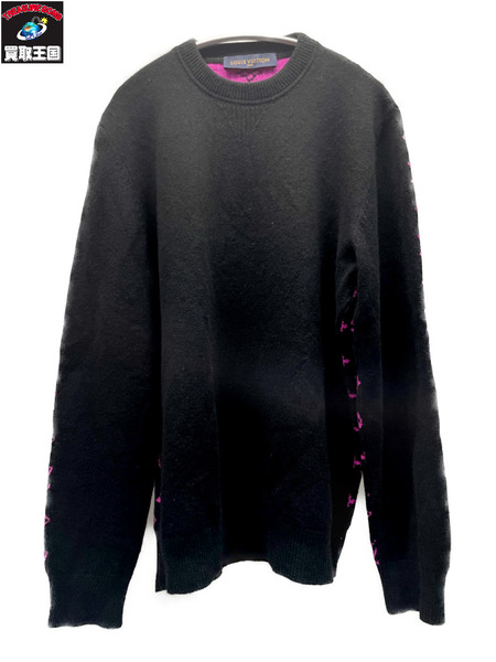 LOUIS VUITTON モノグラム カシミヤニット L 黒×ピンク RM192Q IXW HGN41W
