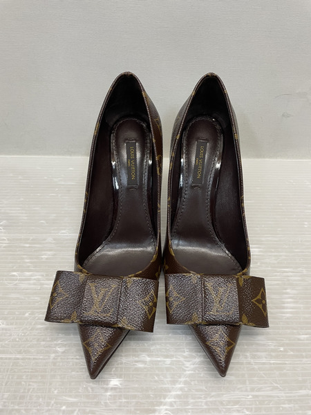 LOUIS VUITTON モノグラム リボン ポインテッドトゥパンプス 37 1/2 ブラウン SC0133