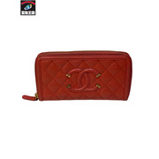 CHANEL CCフィリグリーキャビアスキン マトラッセ ラウンドファスナー シャネル 長財布 レッド ココマーク
