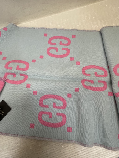 GUCCI GG柄 シルク混 ラムウールマフラー ピンク×ライトブルー