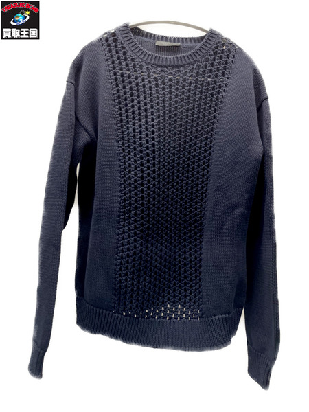 PRADA フロントかぎ編み クルーネックコットンニット 48 ネイビー