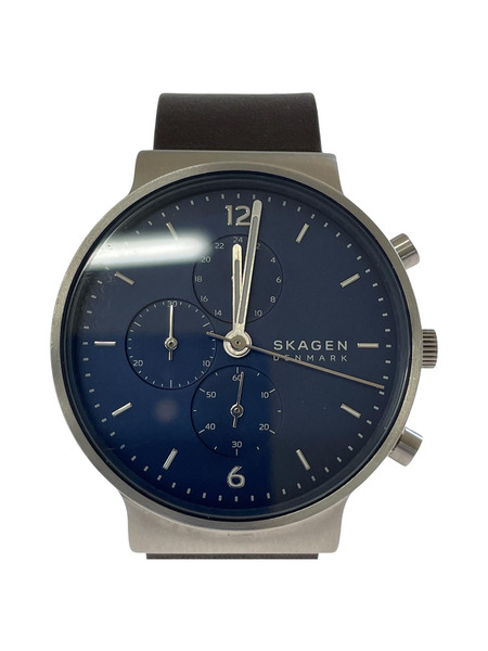 SKAGEN ANCHER クォーツ腕時計 紺銀 レザーベルト[値下]