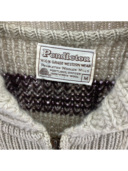 PENDLETON 70~80's TALONリングジップ 総柄ウールカウチンニット (M)