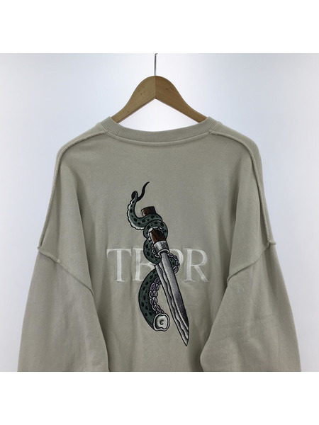 TIGHTBOOTH スウェット・トレーナー TAKODOSU バック刺繍クルーネック ベージュ