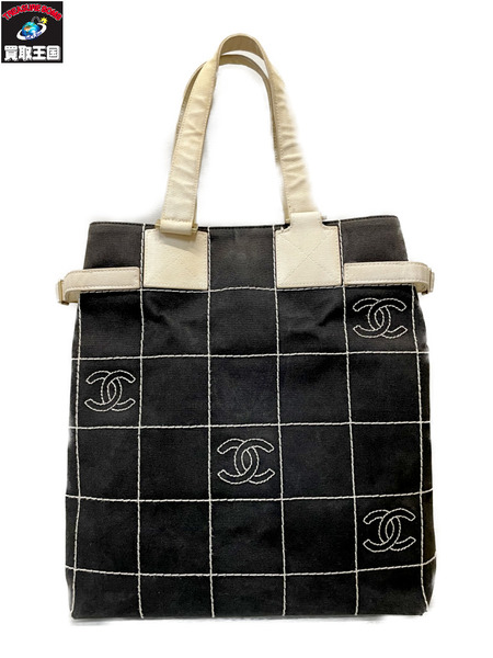 CHANEL チョコバー ワイルドステッチ トートバッグ ブラック×ホワイト