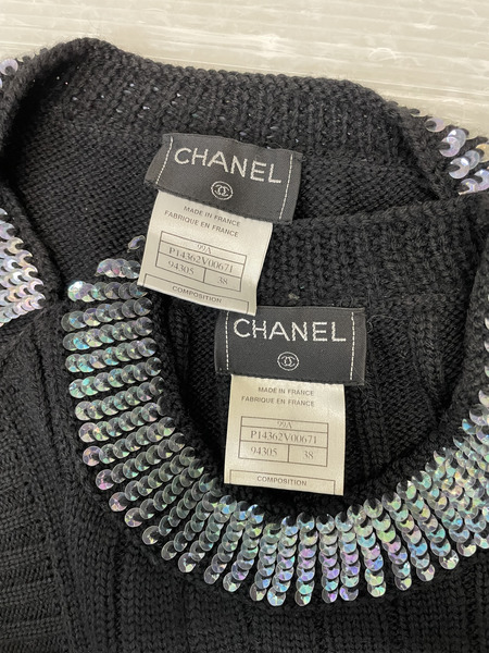 CHANEL 99AW 2ピース スパンコールアンサンブルニット 38 黒 P14362V00671