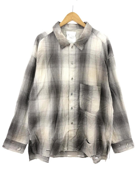 ANCELLM/23AW/DAMAGED FLANNEL CHECK SHIRTS/2/グレー